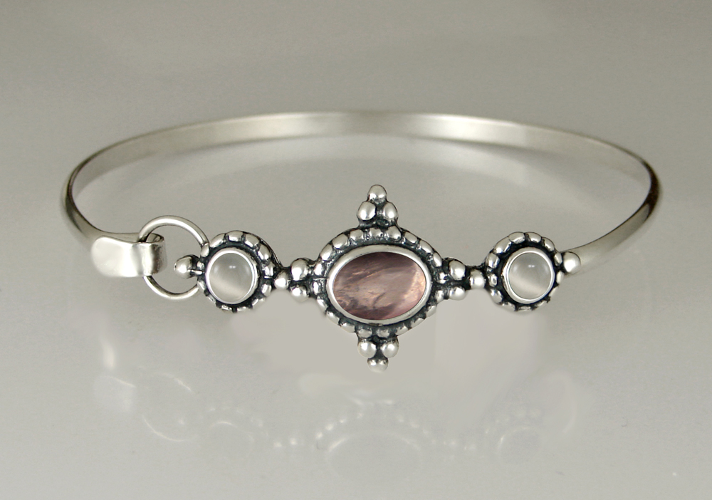 Sterling Silver Strap Latch Spring Hook Bangle Bracelet With Rose Quartz And White Moonstone